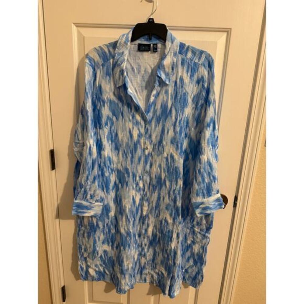 Denim & Co. Beach Regular Cotton Gauze Button Front Dress Blue Ikat 2X